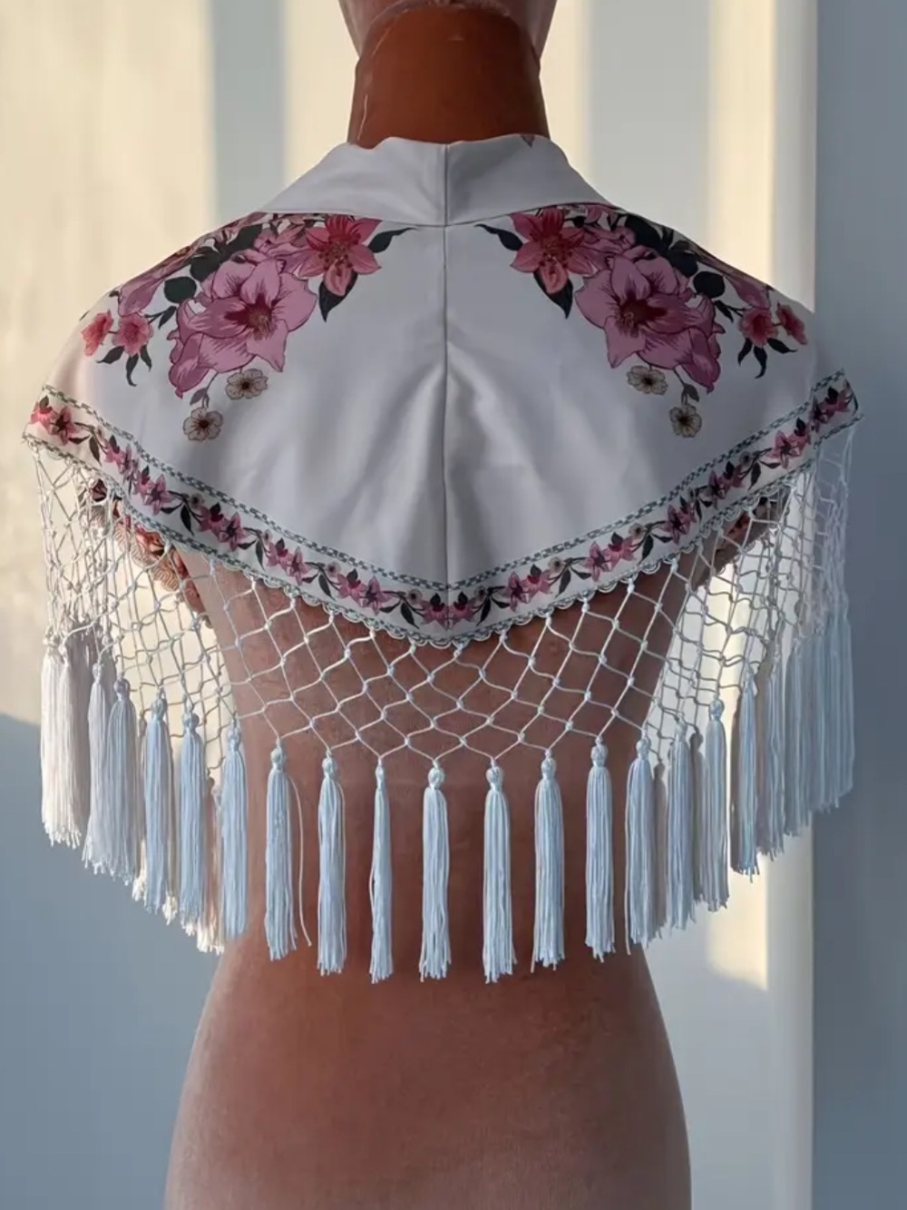Floral Pink & White Fringe Triangle Scarf Wrap - Picture 2 of 11